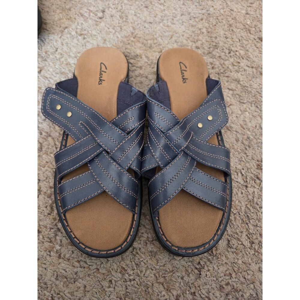 Clarks Women’s Navy Blue Criss-Cross Slide Sandals